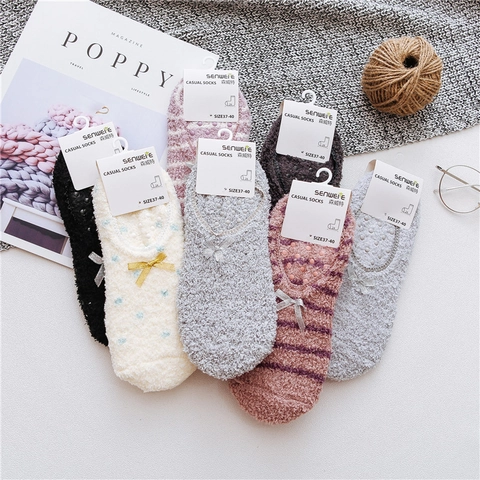 Dames Winter Warme Koraal Fleece Vloersokken Met Strik Antislip Siliconenstippen Indoor Pluche Pantoffelsokken Voor Dames Huiskleding