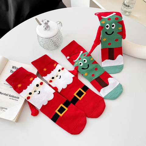 Weihnachten Magnetische Händehalten Socken Baumwolle Cartoon Weihnachtsmann Tannenbaum Lustige Wadenhohe Feiertagssocken