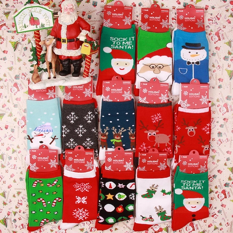 Chaussettes de Noël en Coton Motifs Père Noël Renne Bonhomme de Neige Mi-Bas Tricotées Chaussettes de Fête Pour Femmes Hommes Cadeau