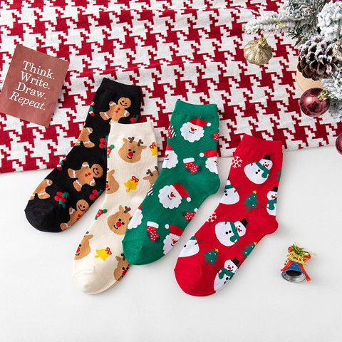 Chaussettes en Coton de Noël Dessin Animé Femmes Père Noël Bonhomme de Pain d'Épices Bonhomme de Neige Renne Mi-mollet