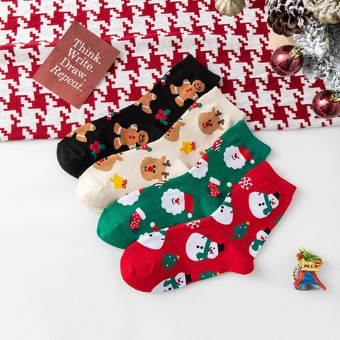 Chaussettes en Coton de Noël Dessin Animé Femmes Père Noël Bonhomme de Pain d'Épices Bonhomme de Neige Renne Mi-mollet
