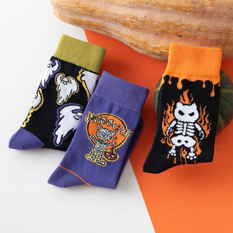 Chaussettes Halloween en Coton Peigné Motif Momie Squelette Fantôme Chaussettes de Vacances Tricotées pour Adultes Unisexe