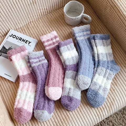 Dames Dikke Koraalfleece Warme Sokken Zachte Pluizige Gestreept Slaapsokken Winter Thermische Huis Veelkleurige Vloersokken