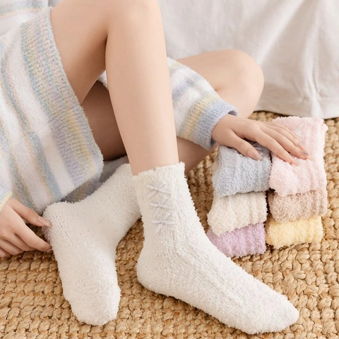 Calze in Pile Corallo da Donna con Decorazione a Fiocco Dolce Calze Invernali Spesse Calde Pelose per Interni e Sonno