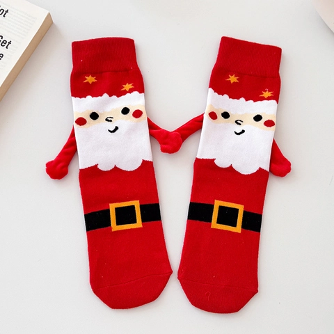 Christmas Magnetic Holding Hands Socks Cotton Cartoon Santa Claus Christmas Tree Funny Mid Calf Holiday Couple Socks