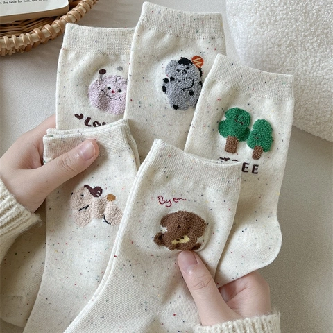 Calze a Metà Polpaccio da Donna in Maglia Coriandoli Dolci Ricamo 3D Animali Albero Traspirante Cotone Calde Calze Casual