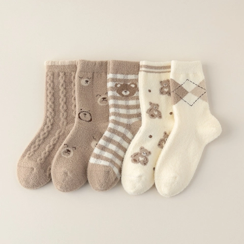 Damen Winter Verdickte Fleece Socken Süßes Cartoon Bärenmuster Thermisch Weich Indoor Schlaf Haussocken