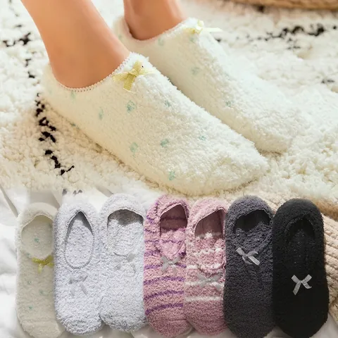 Dames Winter Warme Koraal Fleece Vloersokken Met Strik Antislip Siliconenstippen Indoor Pluche Pantoffelsokken Voor Dames Huiskleding