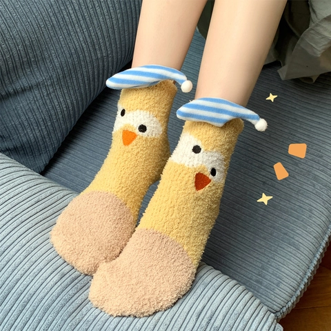 Simpatiche Calze in Pile di Corallo a Forma di Animale Cartone Animato Calde Calze da Pavimento Invernali Morbide Traspiranti da Casa per Donna Ragazza