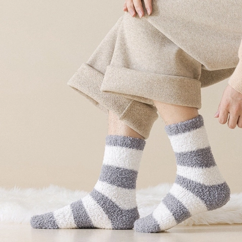 Men Fuzzy Striped Socks Coral Fleece Winter Warm Thickened Sleep Socks For Men Soft House Floor Socks Cozy Indoor Footwear