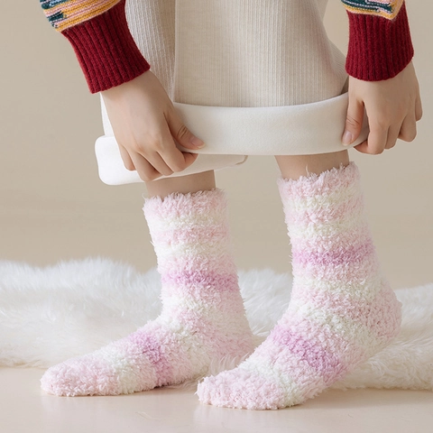Women Coral Fleece Thicken Warm Bed Socks Soft Striped Mid Tube Floor Sleeping Socks For Winter Indoor Home Wear