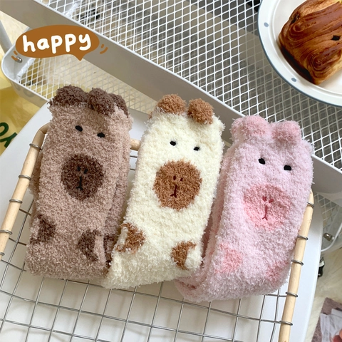 Women's Fuzzy Coral Fleece Socks Cute Capybara Animal Pattern 3D Ears Thick Warm Winter Sleep Floor Home Socks
