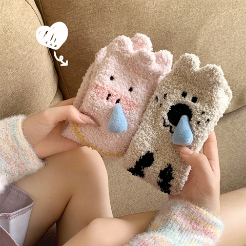 Chaussettes en Polaire Corail Motif Animal Mignon pour Femmes Hiver Épaissies Chaudes Thermiques Tube Moyen Sommeil Décoration 3D