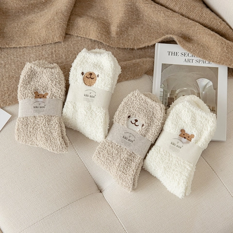 Women Thick Coral Velvet Socks Cute Bear Embroidery Mid Tube Winter Warm Home Sleep Fuzzy Socks Solid Color Animal Socks
