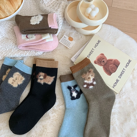 Chaussettes Mi-Mollet d'Hiver Épaissies Doublées de Polaire pour Femmes Chaussettes en Tricot de Mélange de Laine Thermiques Ours Chien