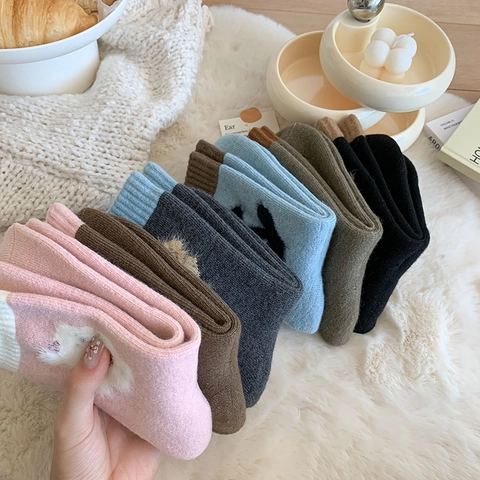 Chaussettes Mi-Mollet d'Hiver Épaissies Doublées de Polaire pour Femmes Chaussettes en Tricot de Mélange de Laine Thermiques Ours Chien