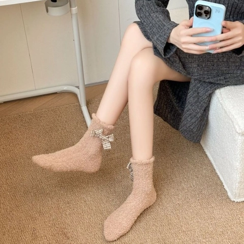Calcetines de Suelo de Vellón de Coral Gruesos de Invierno para Mujer Lazo Gingham Jacquard Calcetines de Casa Cálidos