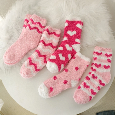 Calcetines para Dormir de Vellón de Coral para Mujer Estampado de Corazón y Rayas Otoño Invierno Cálidos Suaves Calcetines de Suelo