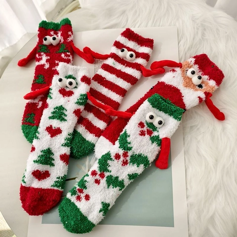 Women Christmas Coral Fleece Socks Cute Cartoon 3D Hand Holding Warm Winter Mid Tube Socks Festive Gift Home Sleep Socks