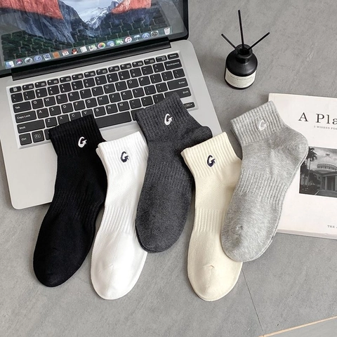 Men's Casual Cotton Quarter Socks With G Letter Embroidery Breathable Ribbed Cuff Athletic Mid-Calf Socks For Daily Sports Wear
