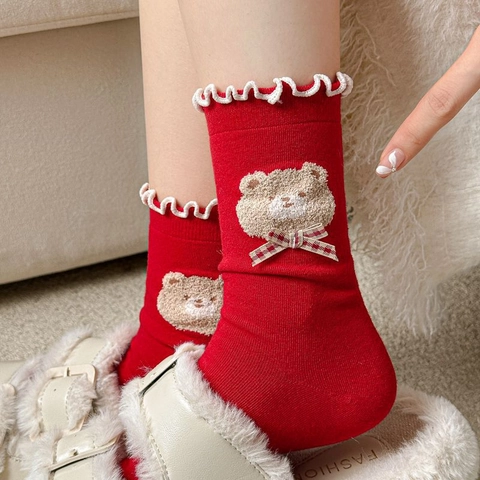 Calzini Crew Rossi Festivi da Donna in Cotone Pettinato Traspiranti con Fiocco e Orso Decorativi per Capodanno Natale Moda Dolci Calzini in Cotone