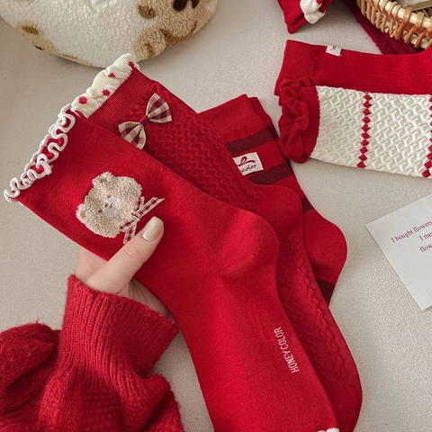 Calzini Crew Rossi Festivi da Donna in Cotone Pettinato Traspiranti con Fiocco e Orso Decorativi per Capodanno Natale Moda Dolci Calzini in Cotone