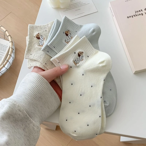 Calcetines Bajos Lindos para Mujer Con Bordado de Perro y Lunares Transpirable Algodón Peinado Estilo Coreano Calcetines Invisibles para Escuela Diario Casual