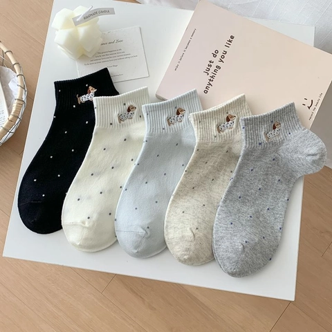 Calcetines Bajos Lindos para Mujer Con Bordado de Perro y Lunares Transpirable Algodón Peinado Estilo Coreano Calcetines Invisibles para Escuela Diario Casual