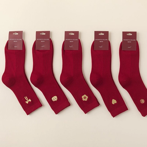 Calze a Tubo Medio in Cotone Rosso Festivo da Donna Ricamo Dorato Maglia a Coste Autunno Inverno Caldo Calze Casual