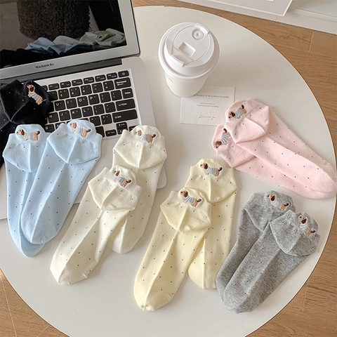 Women Combed Cotton No Show Socks Polka Dot Pattern Cute Dachshund Embroidery Breathable Low Cut Ankle Socks For Girls Fashion Hosiery