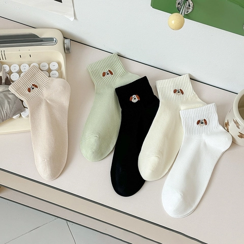 Chaussettes Courtes en Coton Brodées Chien Chaussettes Basses Respirantes en Maille Multicolores avec Bords Côtes Mode Femme