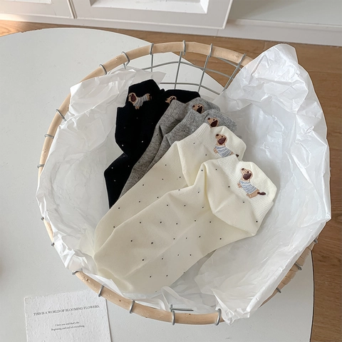 Women Combed Cotton No Show Socks Polka Dot Pattern Cute Dachshund Embroidery Breathable Low Cut Ankle Socks For Girls Fashion Hosiery