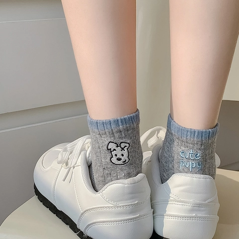 Chaussettes Invisibles en Coton Peigné pour Femmes Broderie Chien Dessin Animé Cute Puppy Style Coréen Chaussettes Basses