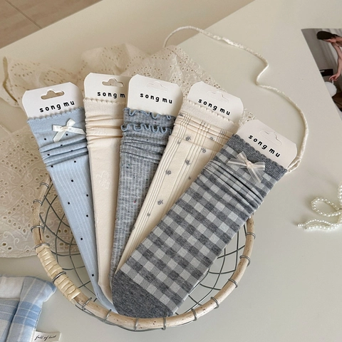 Calze Slouch da Donna in Cotone Dolce Stile Giapponese Eleganti Fiocco Quadretti Floreali Volant Media Altezza Traspiranti