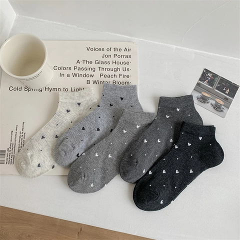 Calcetines Cortos Informales de Mezcla de Algodón para Mujer Invisibles Transpirables Patrón Corazón Jacquard Tejido Verano