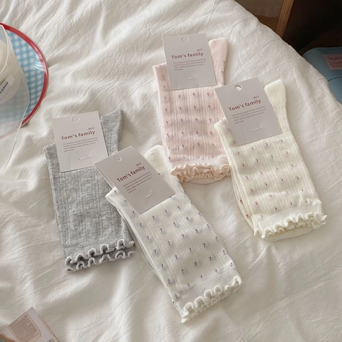 Japanese Style Cotton Mid Tube Socks With Floral Mesh And Ruffle Edges Breathable Soft Comfy For Women Teenagers Sweet Fashion Socks