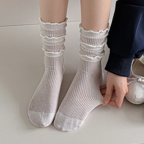Women Cotton Ruffle Crew Socks Bow Embroidery Korean Style Thin Breathable Slouch Socks Spring Summer Casual Fashion Hosiery