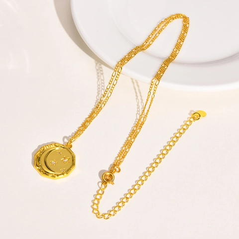 Bohemian Copper Gold Plated Star Moon Octagon Pendant Necklace Inlaid Zirconia Geometric Celestial Jewelry Gift For Women