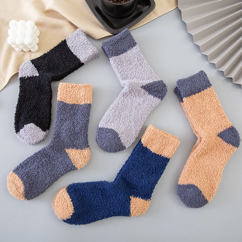 Chaussettes Homme en Velours de Corail Épaissies Chaudes Chaussettes en Peluche Patchwork pour Maison Sommeil