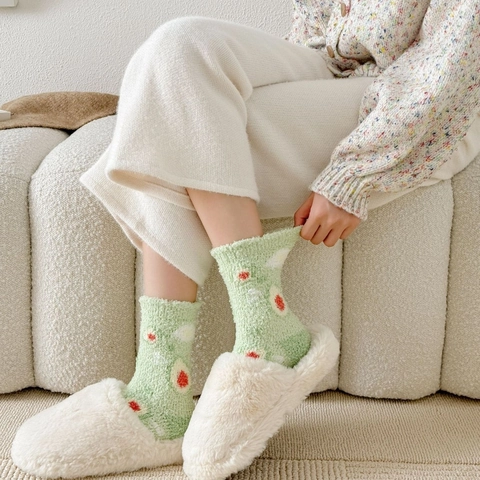 Calze Donna Inverno Caldo Pile Corallo Metà Polpaccio Ispessite Peluche Jacquard Motivo Frutta Fiori Casa Letto Calzini