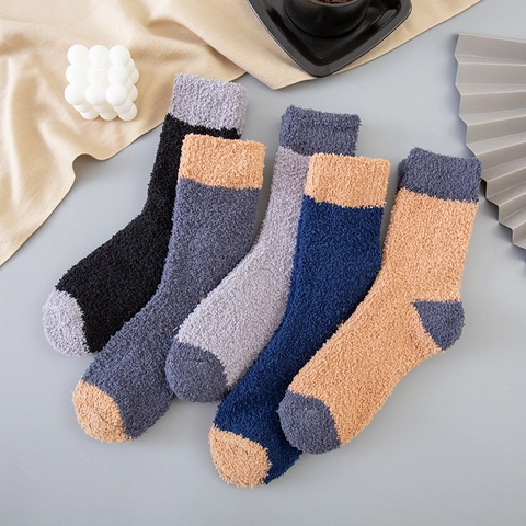 Chaussettes Homme en Velours de Corail Épaissies Chaudes Chaussettes en Peluche Patchwork pour Maison Sommeil
