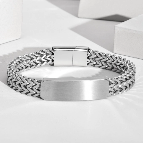 Men Thick Stainless Steel Bracelet Hip Hop Double Layer Wheat Chain Curved Plate Polished Silver Color Fashion Jewelry Gift