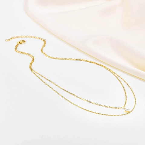 Collar de Doble Capa de Acero Inoxidable Colgante de Circonia Cuadrada Cadena de Hueso de Serpiente Oro Plata Joyería Mujer