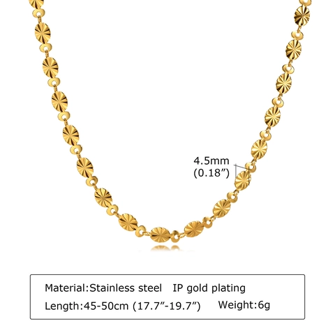 Stainless Steel Gold Plated Necklace For Women Sunburst Radial Engraved Oval Link Chain Elegant Individual Jewelry Gift