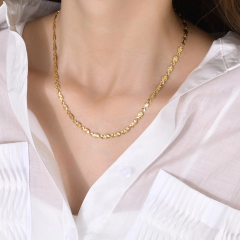 Stainless Steel Gold Plated Necklace For Women Sunburst Radial Engraved Oval Link Chain Elegant Individual Jewelry Gift