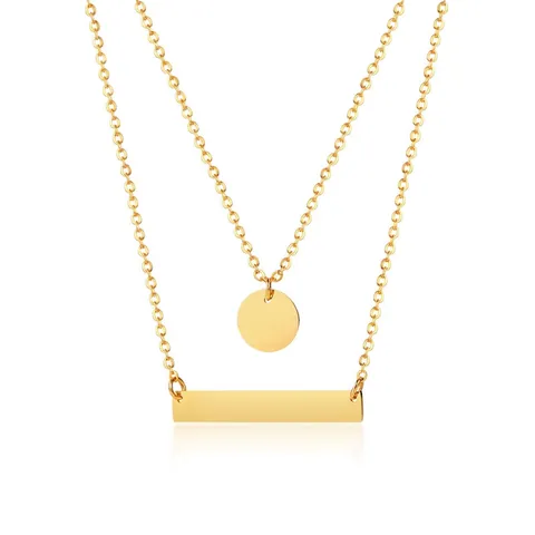Minimalist Stainless Steel Double Layer Necklace Gold Plated Circle Bar Pendant Link Chain Geometric Fashion Jewelry For Women