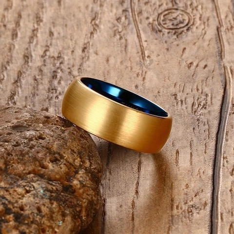 Minimalist Wolframkarbid Ring Für Herren Gebürstetes Gold Außen Poliertes Blau Innen Geometrisches Band Modeschmuck Geschenk