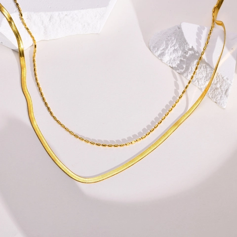 Layered Double Layer Gold Stainless Steel Snake Chain And Bead Chain Necklace For Women Geometric Choker Fashion Jewelry