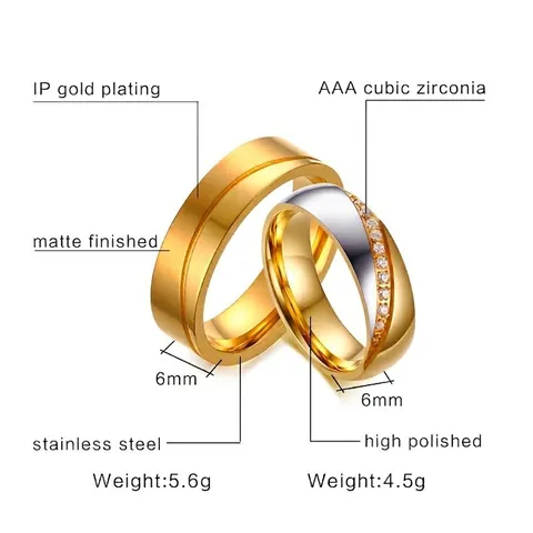Roestvrij Stalen Paar Ring Goud Zilver Verguld Strass Ingelegde Geborsteld Romantisch Verloving Sieraden Vingerring