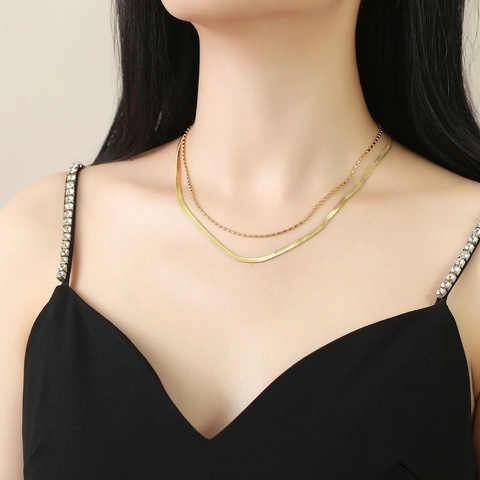 Layered Double Layer Gold Stainless Steel Snake Chain And Bead Chain Necklace For Women Geometric Choker Fashion Jewelry